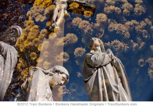 double-exposure jesus & friends with flowers